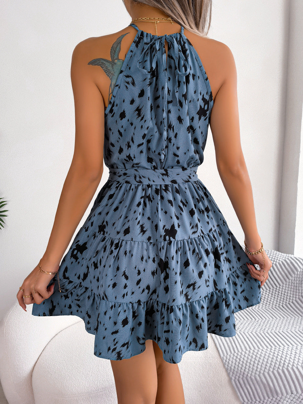 Casual Leopard Print Ruffled Swing Dress Summer Fashion Beach Dress Women