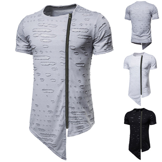 New T Shirt Men's Personality Casual Diagonal Zipper Short Sleeved T Shirt