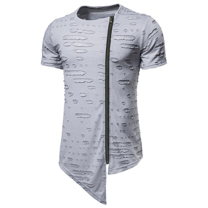 New T Shirt Men's Personality Casual Diagonal Zipper Short Sleeved T Shirt