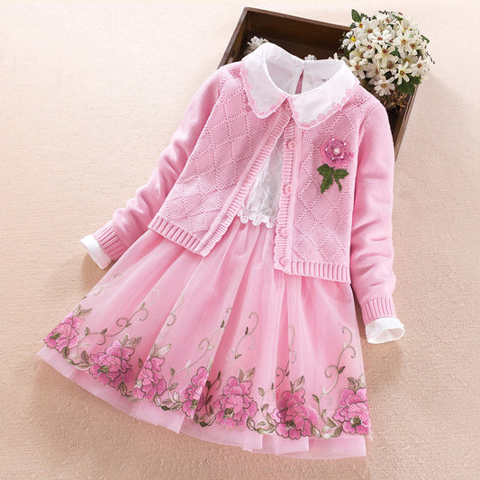 Girls' Dress Two-piece Spring Long-sleeved Sweater Princess Dress