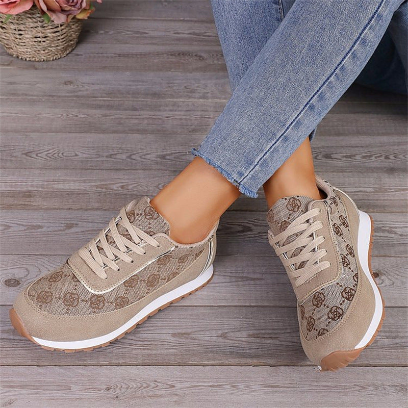 Flower Print Lace-up Sneakers Casual Fashion Lightweight Breathable Walking Running Sports Shoes Women Flats