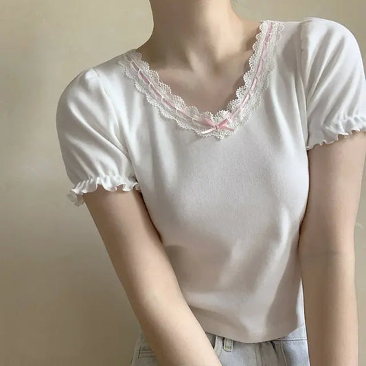 White T-Shirt for Sweet Girl Ribbon Lace Trim V-Neck Bowknot Puff Sleeve Slim Cotton TShirt Kawaii Clothes Summer Tops