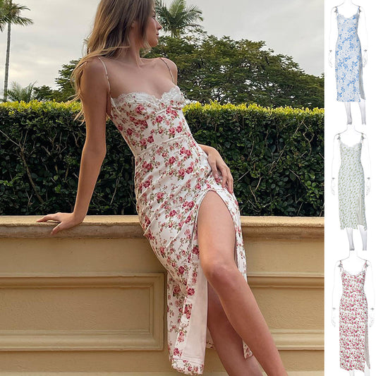 Lace Flowers Print Long Dress Sexy Fashion Slit Suspender Dress Summer Women's Clothing